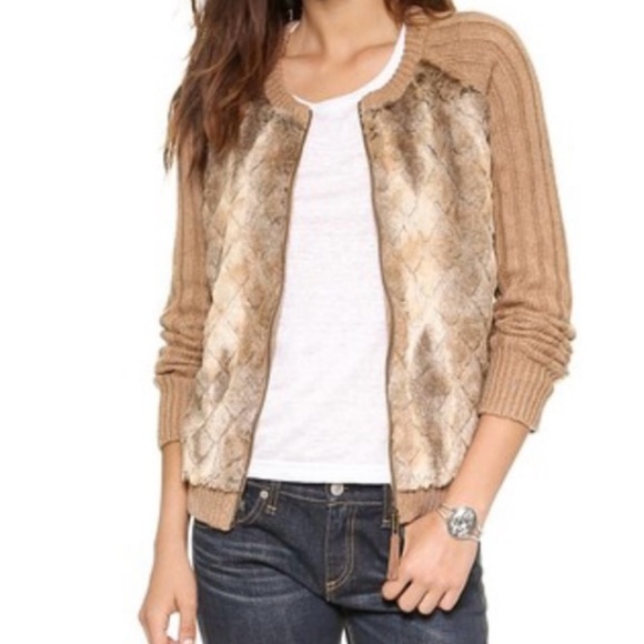 ELLA MOSS Vannah Cardigan Sweater Camel Tan Brown Faux Rabbit Fur Ribbed Knit - Picture 13 of 13